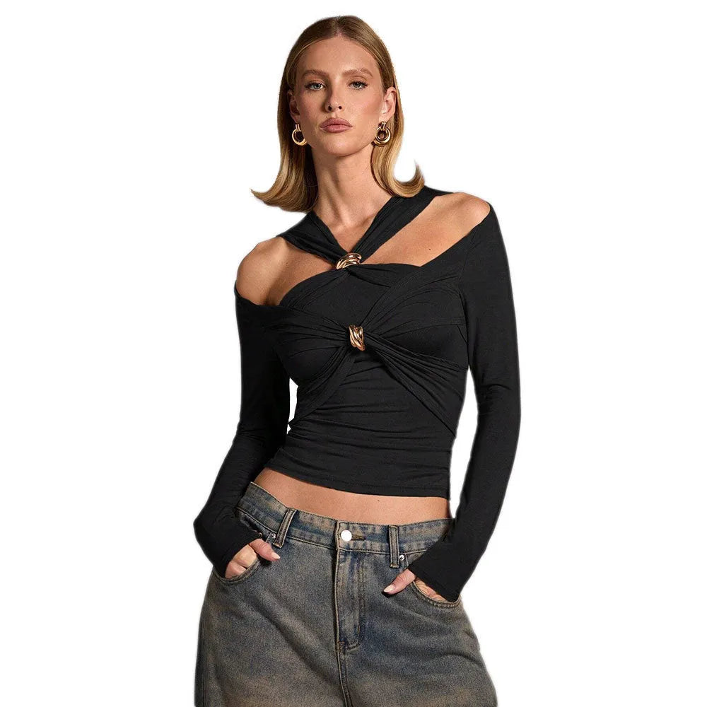 Black women's halter top with long sleeves and a slim fit on a mannequin.