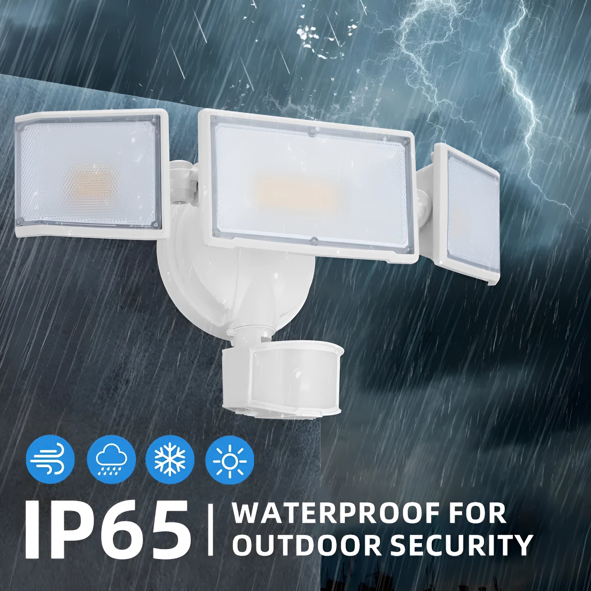 White 120V LED motion-activated security flood light with PIR sensor mounted on an exterior wall.