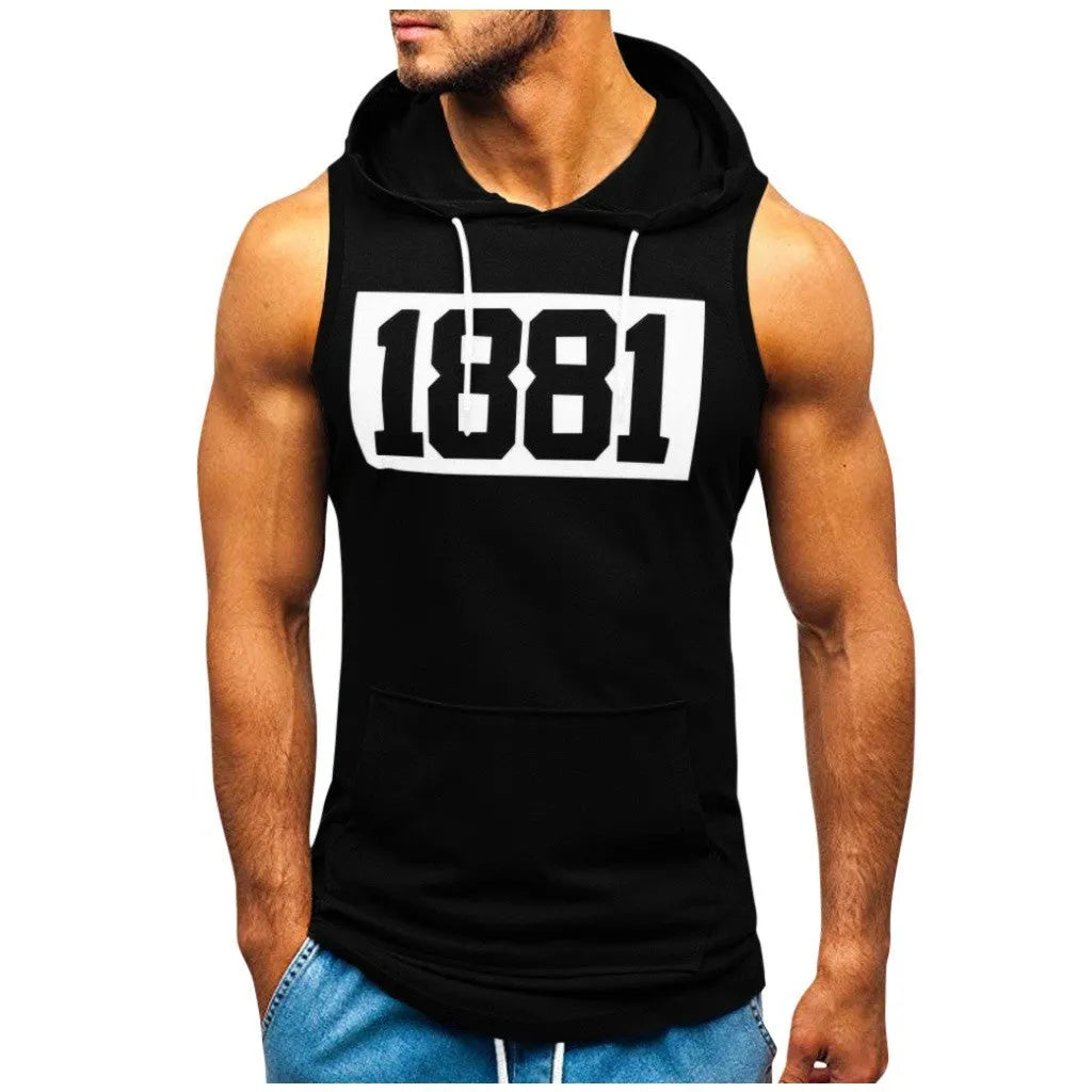 Men's sleeveless letter print hoodie vest in white, black or army green, with patch pocket and round hem.