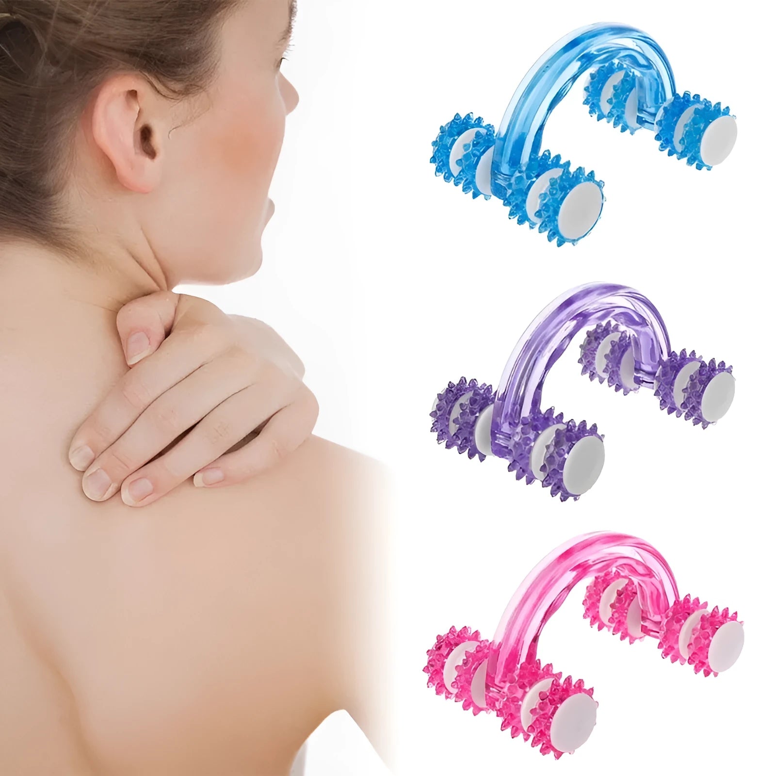 Blue plastic body massager with eight roller wheels and ergonomic handle, 13 x 9 cm, on a clean white background