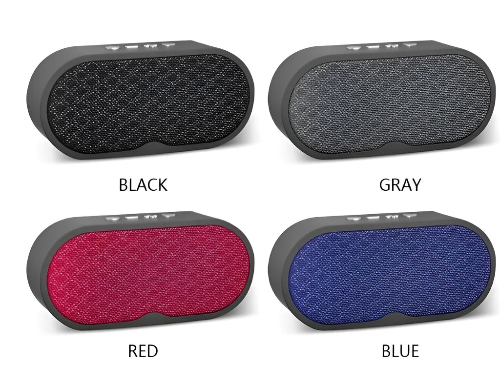 Grey portable Bluetooth speaker with TF card slot, USB port, and built-in microphone on a table.