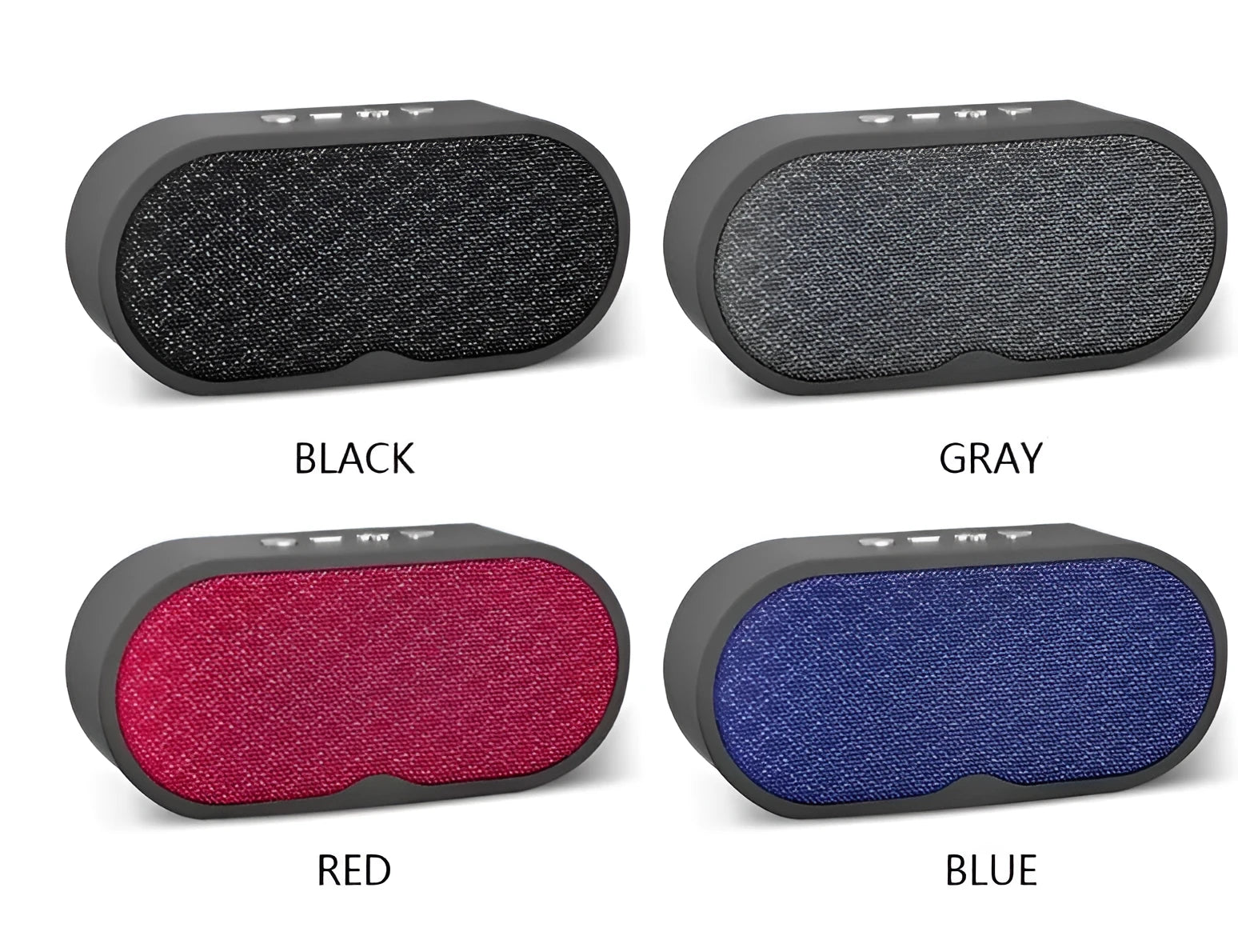 Grey portable Bluetooth speaker with TF card slot, USB port, and built-in microphone on a table.
