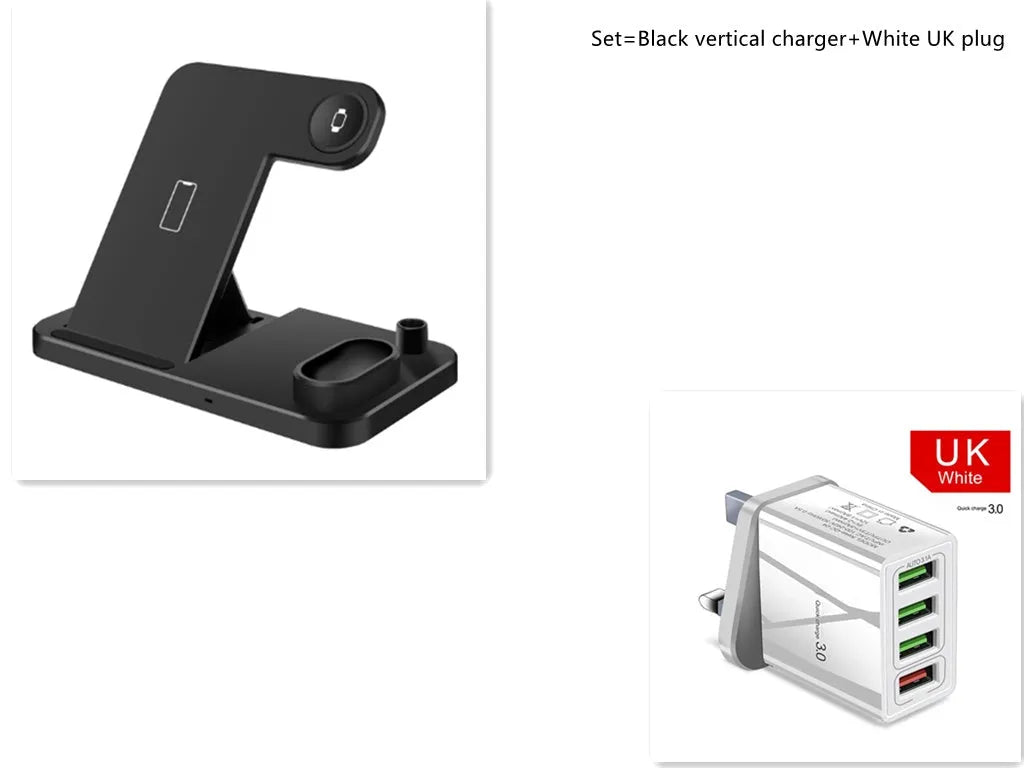 Black 4-in-1 wireless charging dock with phone on adjustable stand, Apple Watch and AirPods on charging modules