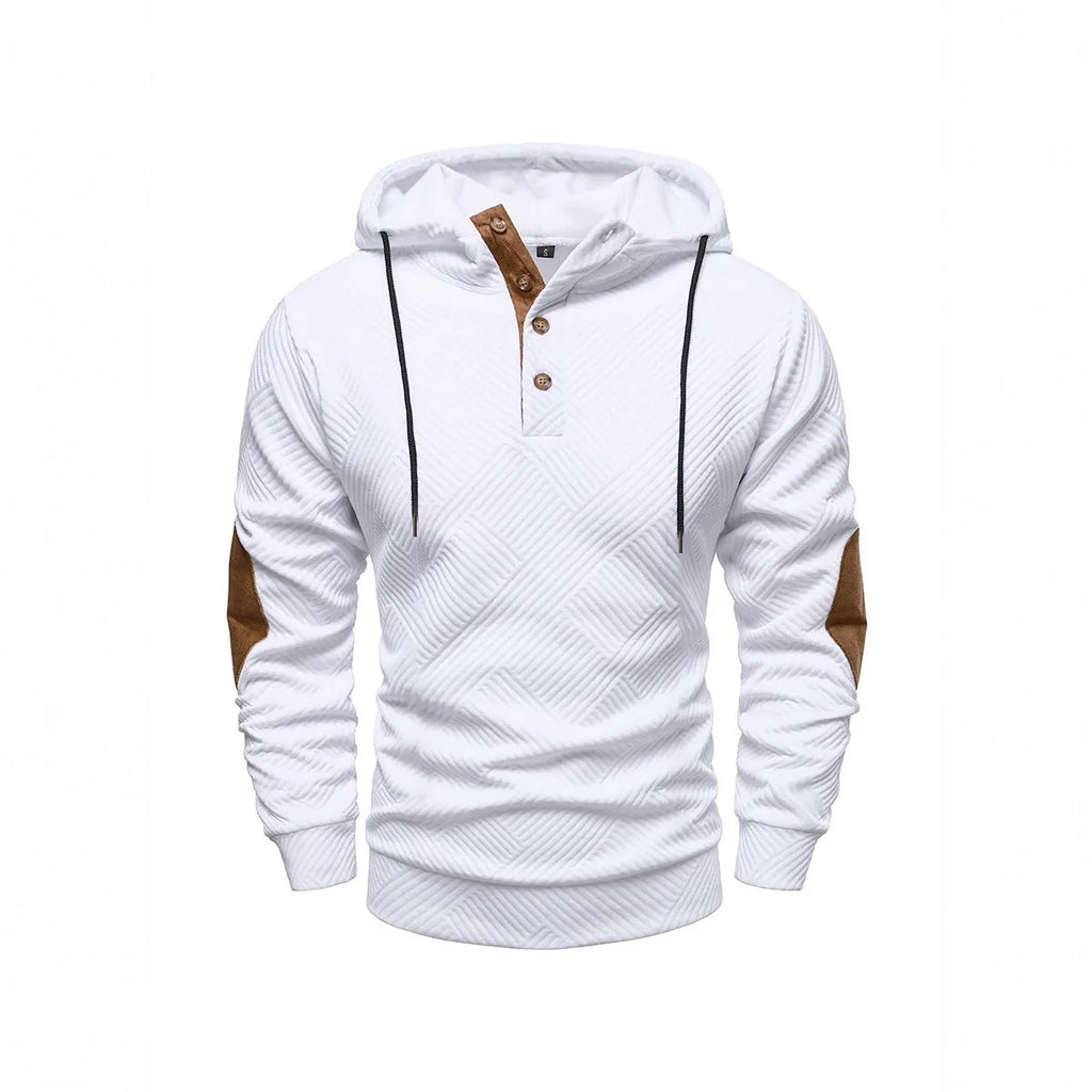Men's loose hooded casual pullover in dark gray, long sleeves, polyester fibre construction