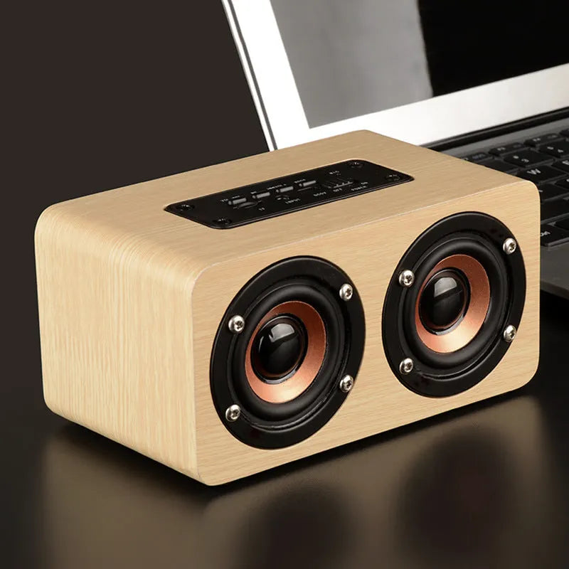 Wireless Bluetooth Speaker W5 with wood shell in redwood or yellow wood grain, USB and card playback, 6 hour battery
