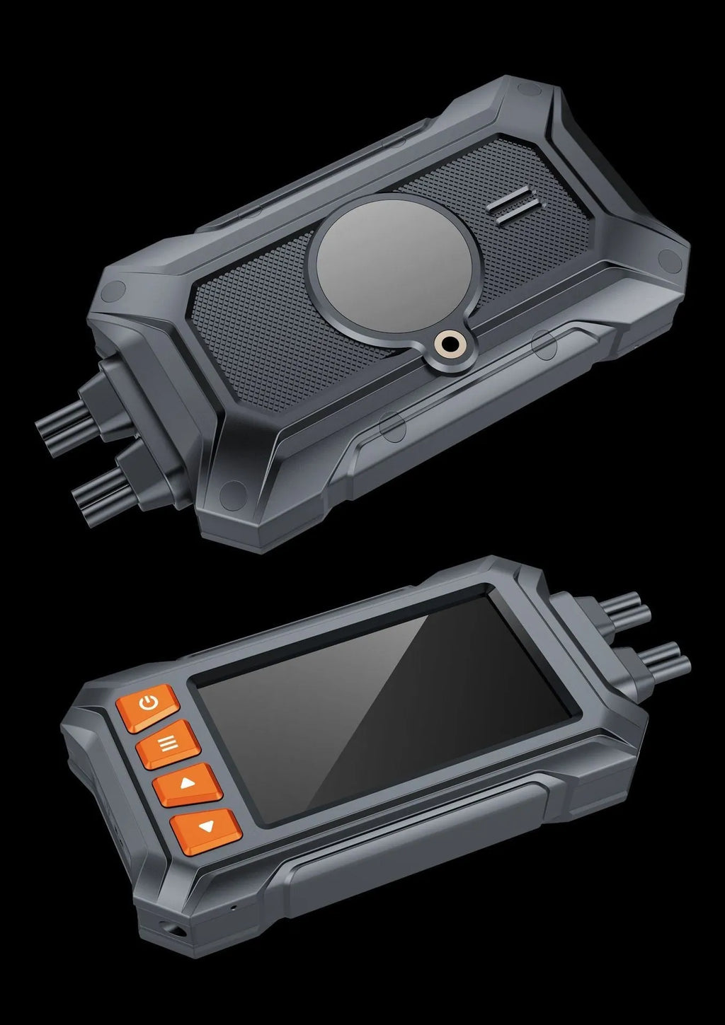 Motorcycle dash camera unit with front and rear lenses, GPS module, and 3-inch display screen.