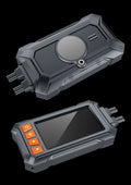 Motorcycle dash camera unit with front and rear lenses, GPS module, and 3-inch display screen.