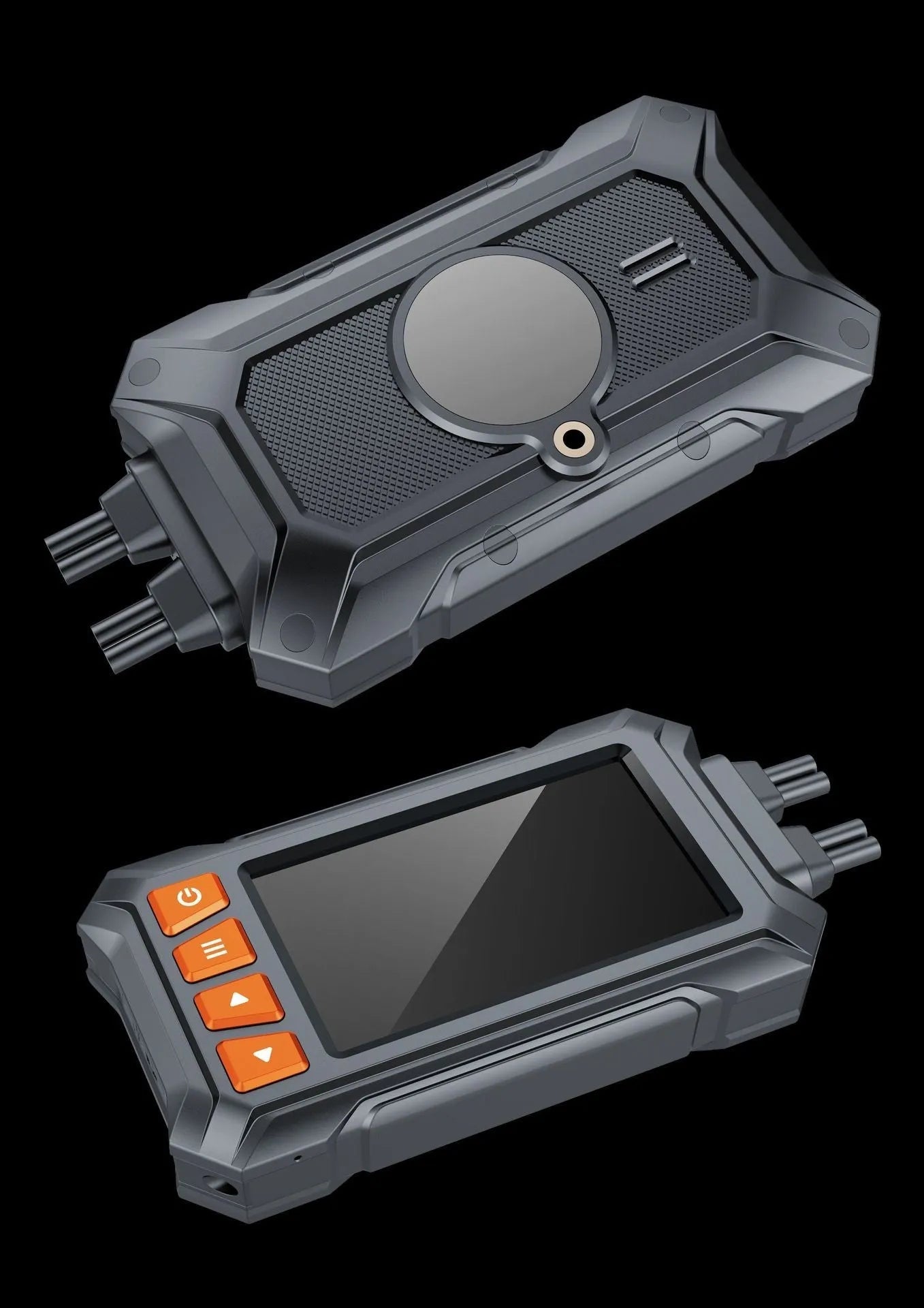 Motorcycle dash camera unit with front and rear lenses, GPS module, and 3-inch display screen.