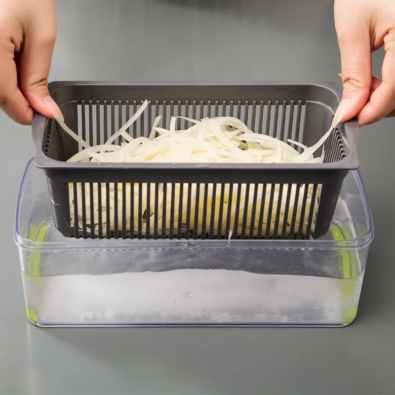 Multifunctional vegetable cutter with 7 stainless steel blades on a kitchen countertop