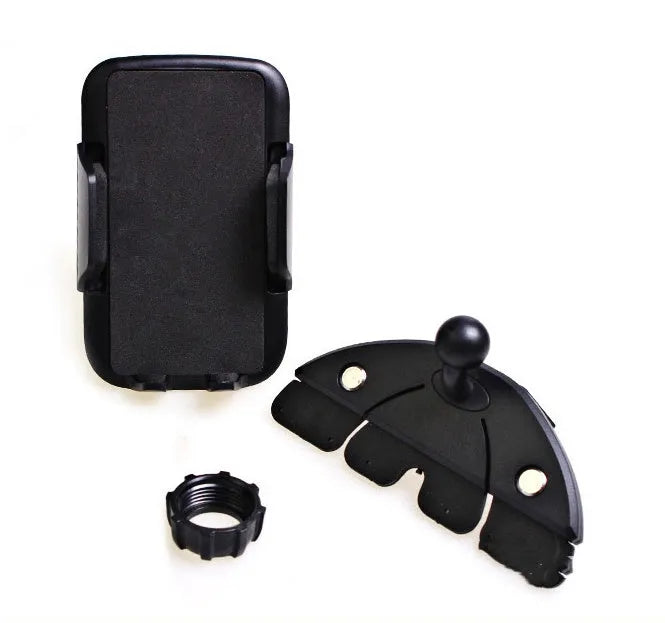 Black universal car phone holder installed in a CD port with adjustable arms for mobile phone or GPS navigation