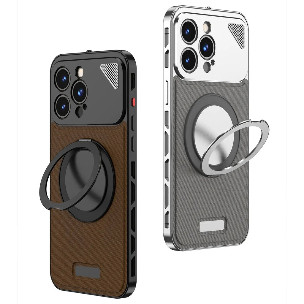 Aluminium alloy leather phone case with rotating bracket and magnetic suction in black, silver gray or brown