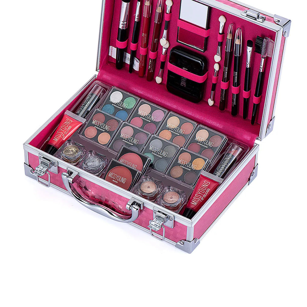 Creative colourful cosmetics set in Pink or Silver, 25 x 16 x 8.5 cm, with lipstick, eye shadow, mascara and brush
