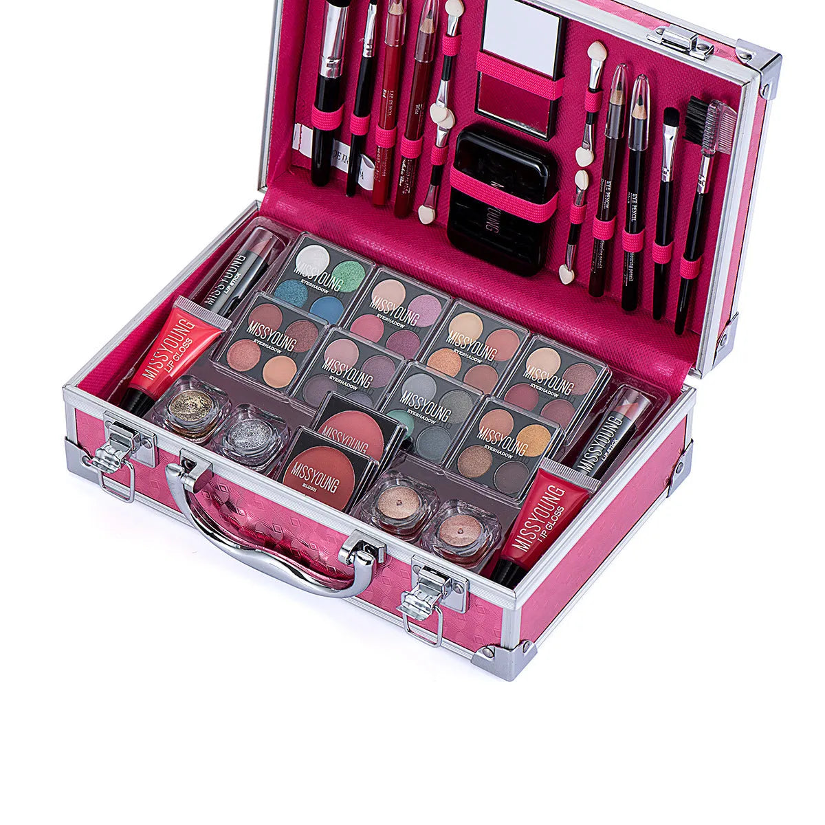 Creative colourful cosmetics set in Pink or Silver, 25 x 16 x 8.5 cm, with lipstick, eye shadow, mascara and brush