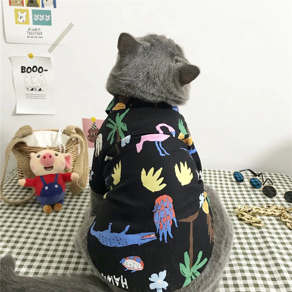 Summer cat shirt with straw hat necklace and glasses set for hair shedding reduction