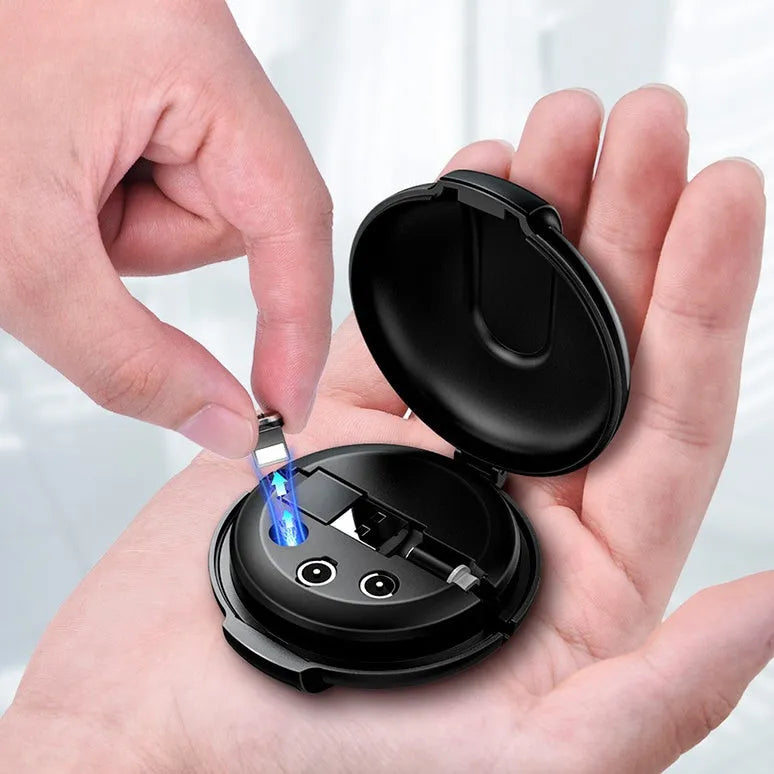 Black 3-in-1 magnetic retractable charger with car mount patch and universal phone plugs
