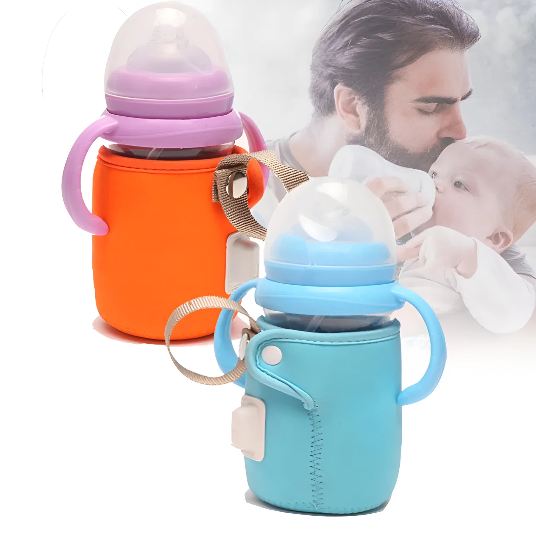Blue USB-powered baby bottle warmer sleeve on a milk bottle showing USB cable.