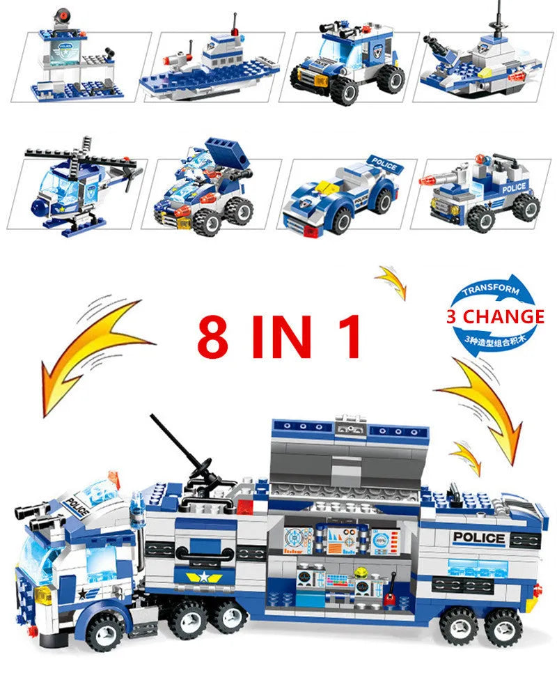 City Police 762-piece 8-in-1 building blocks set in gift bag with robot and car models