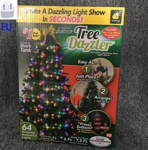 1.8 metre long Christmas tree light string with 64 colour-changing LED lights and a control button.
