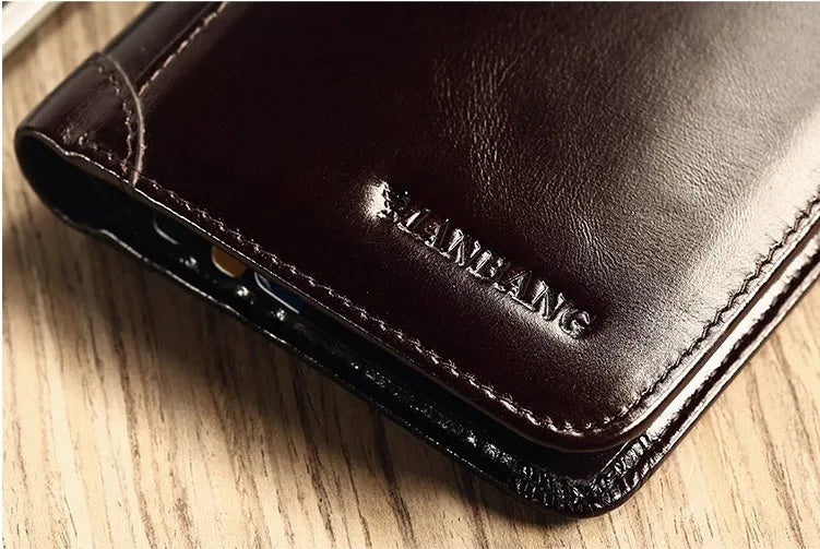 Men's black leather bifold wallet open, showing eight card slots, bill compartment, and a zip coin pocket