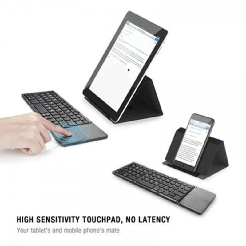 Folding Bluetooth keyboard with 64 ABS keys, black and white colour options, rechargeable battery, compact wireless design.