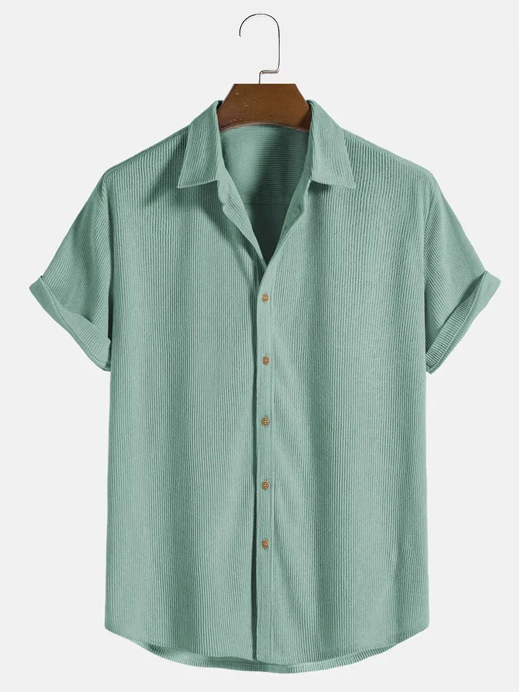 Men's casual short-sleeved polyester shirt in cardigan style showing colour options and extended sizing