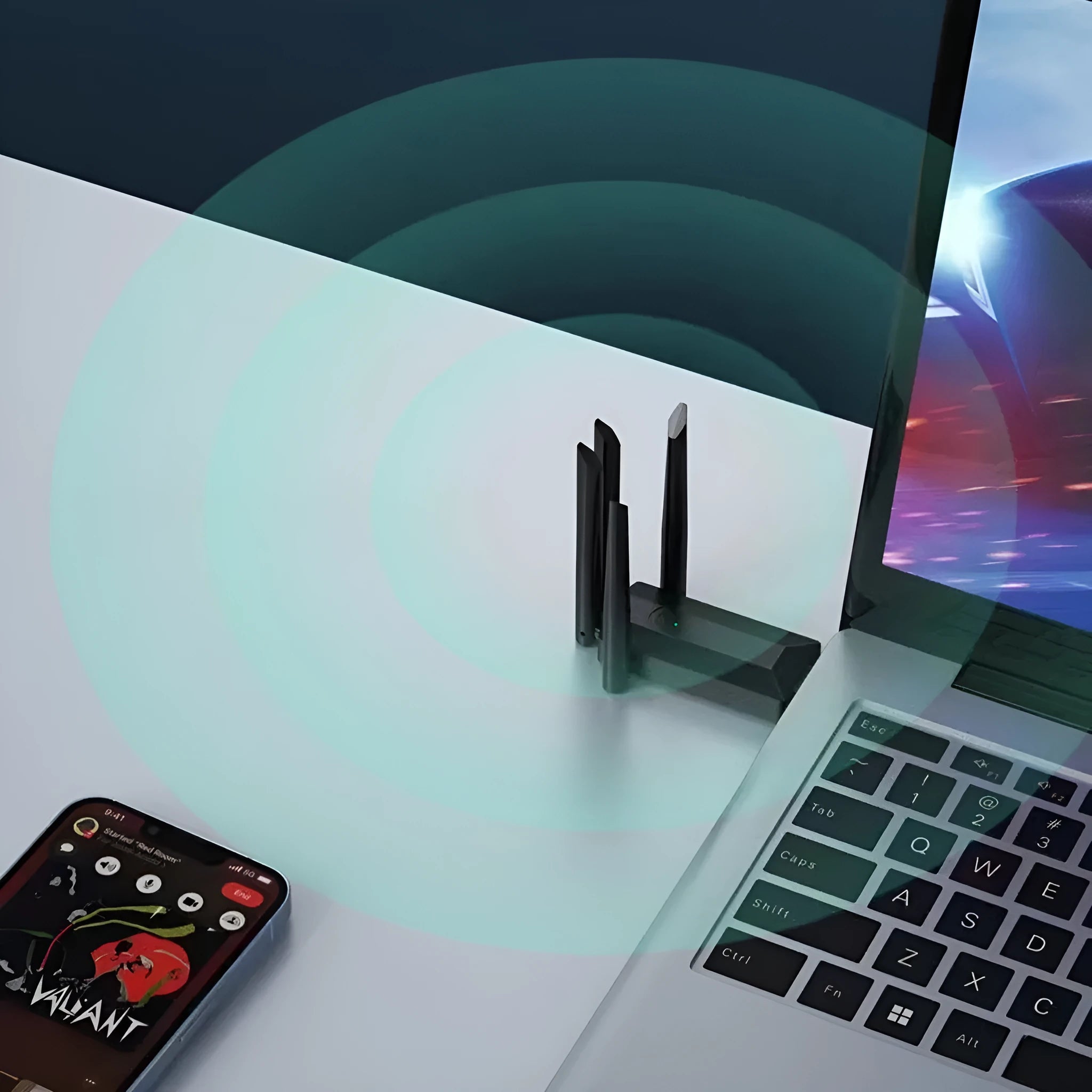 Black USB network transmitter with four external antennae for computer Wi-Fi signal boosting.