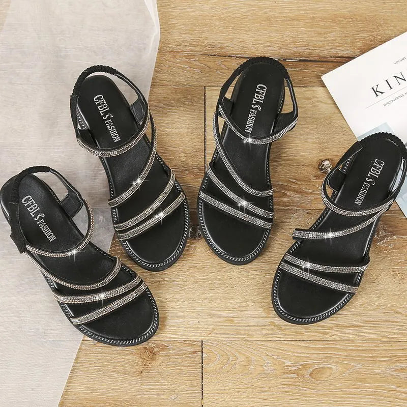 Women's silver Korean-style flat sandals with rhinestone sequins and an elastic band.