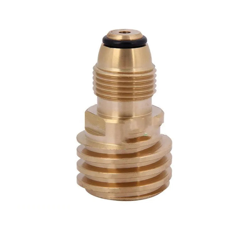 Gold-coloured brass gas adapter with external taper thread for brazier fuel lines.