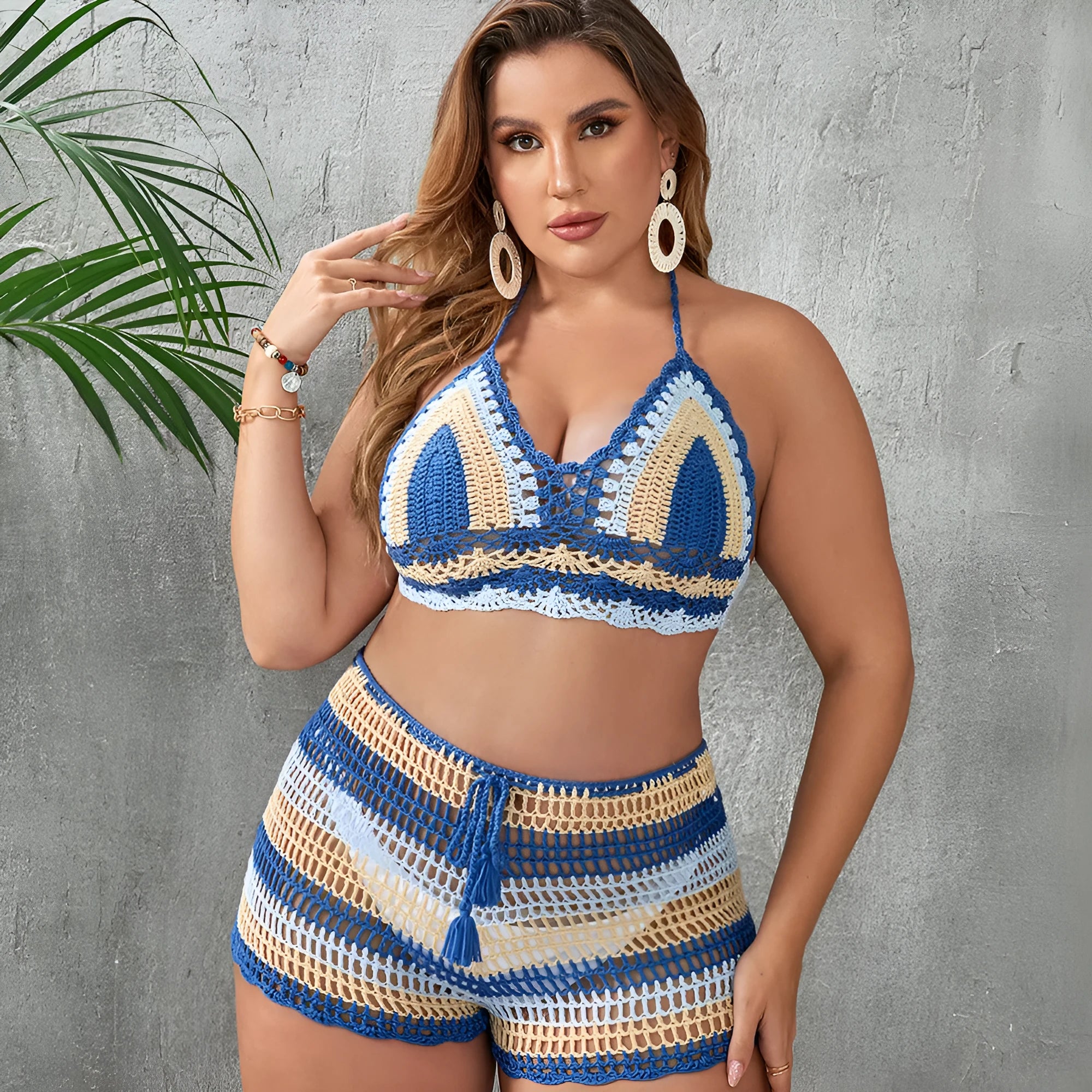 Women's hollow out strap split swimsuit in blue or light blue colours with briefs style
