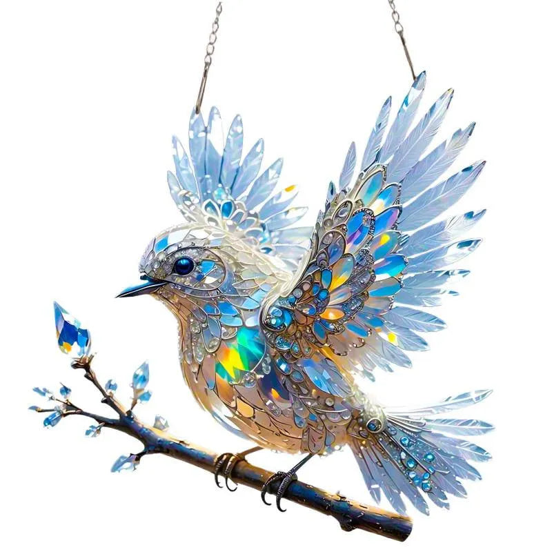 Cartoon-style bird holiday ornament pendant made from UV-printed acrylic on cardboard backing.
