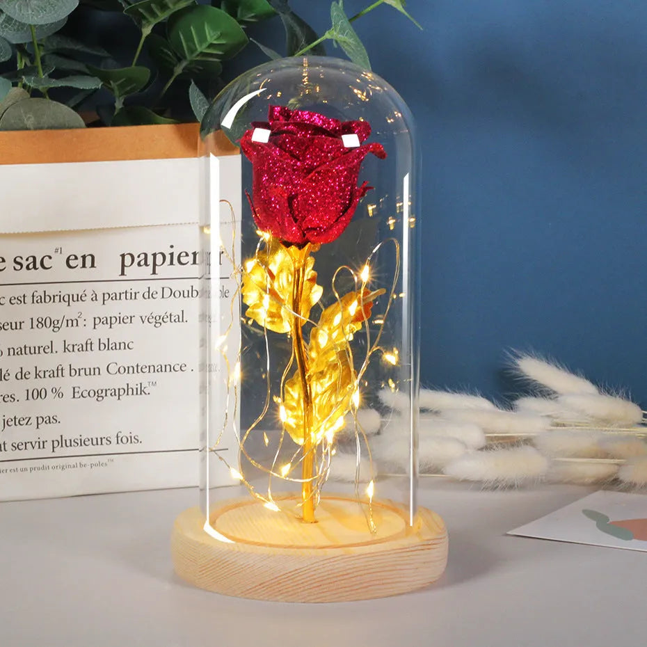 Eternal rose flower under glass cover with warm white LED strip light, six colour options