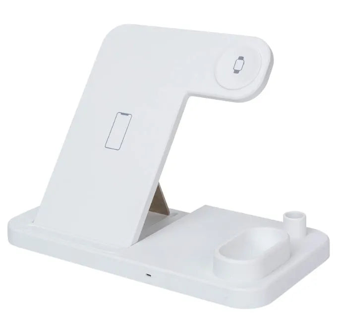 Black 4-in-1 wireless charging dock with phone on adjustable stand, Apple Watch and AirPods on charging modules