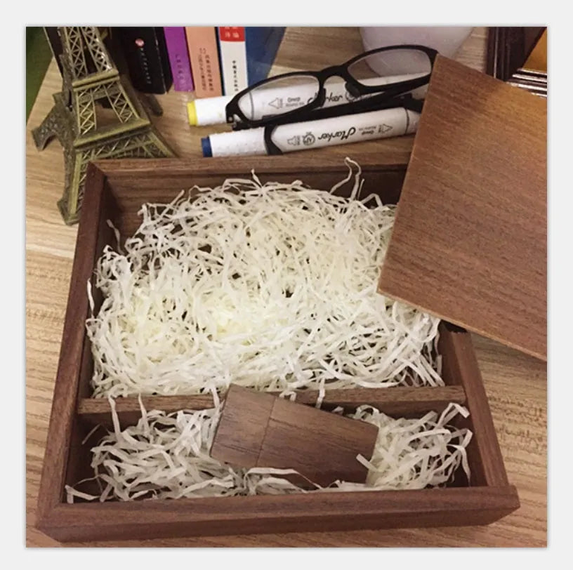 Wooden USB flash drive 32GB in Coffee or Khaki with large square wooden box, USB 3.0 package option shown