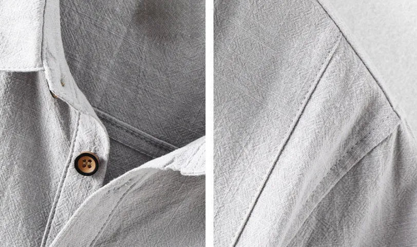 Men's cotton linen loose shirt in solid colour options including light grey and navy blue