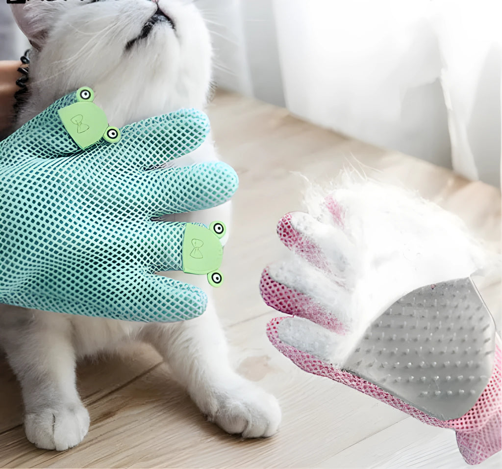 Pet hair removal silicone grooming glove for cats and dogs, pink, with elastic wrist and textured palm