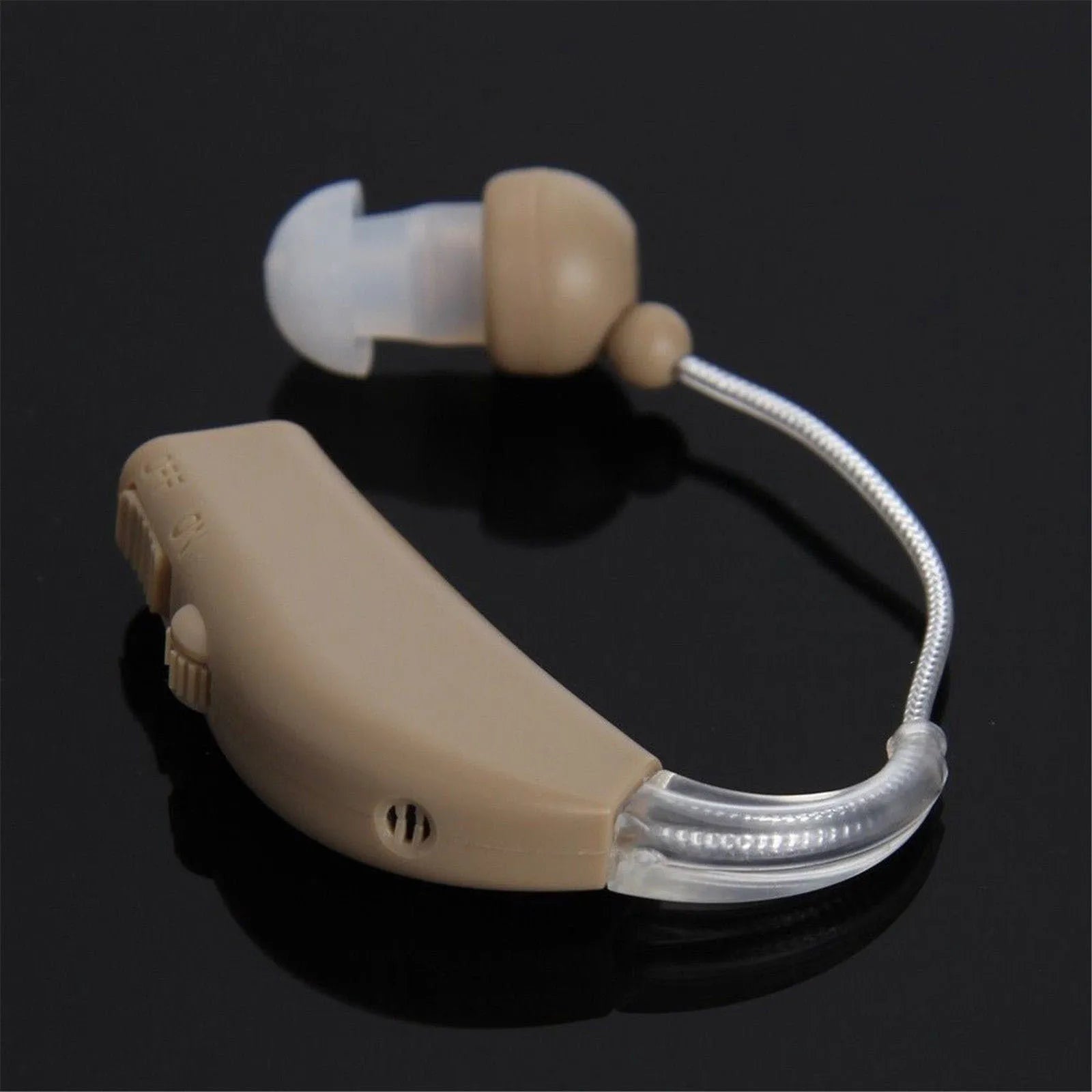 Rechargeable behind-the-ear digital hearing aid amplifier in skin-tone plastic.