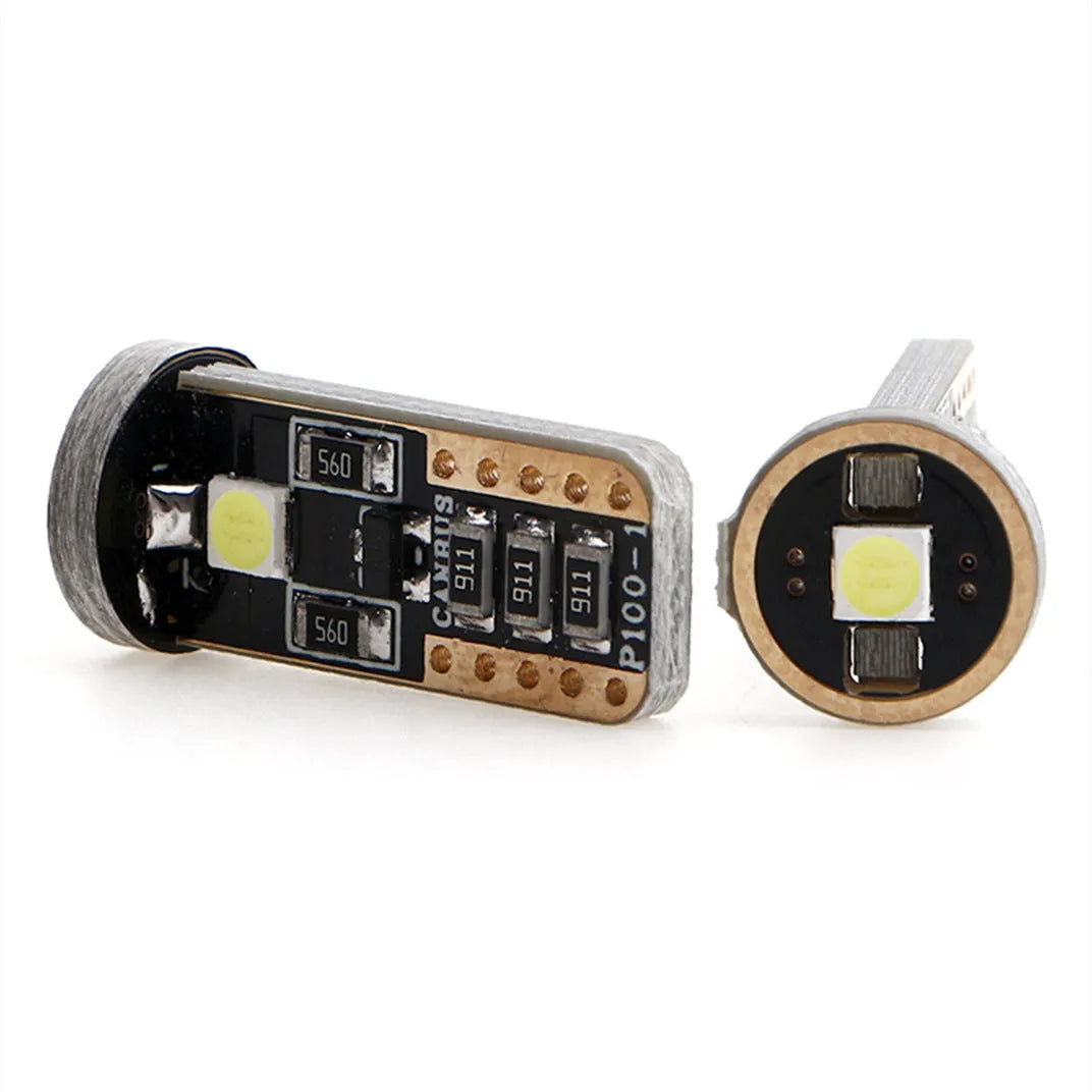 T10 W5W LED car light with blackboard white finish and compact 23mm x 9mm dimensions