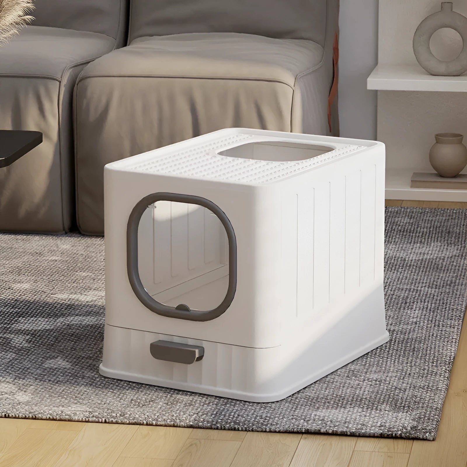 Fully enclosed PP plastic folding cat litter box in Avocado Green, 51x38x39cm