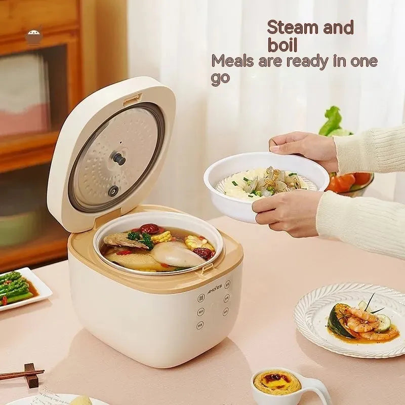 White or beige 3-litre rice cooker with black inner pot and included accessories