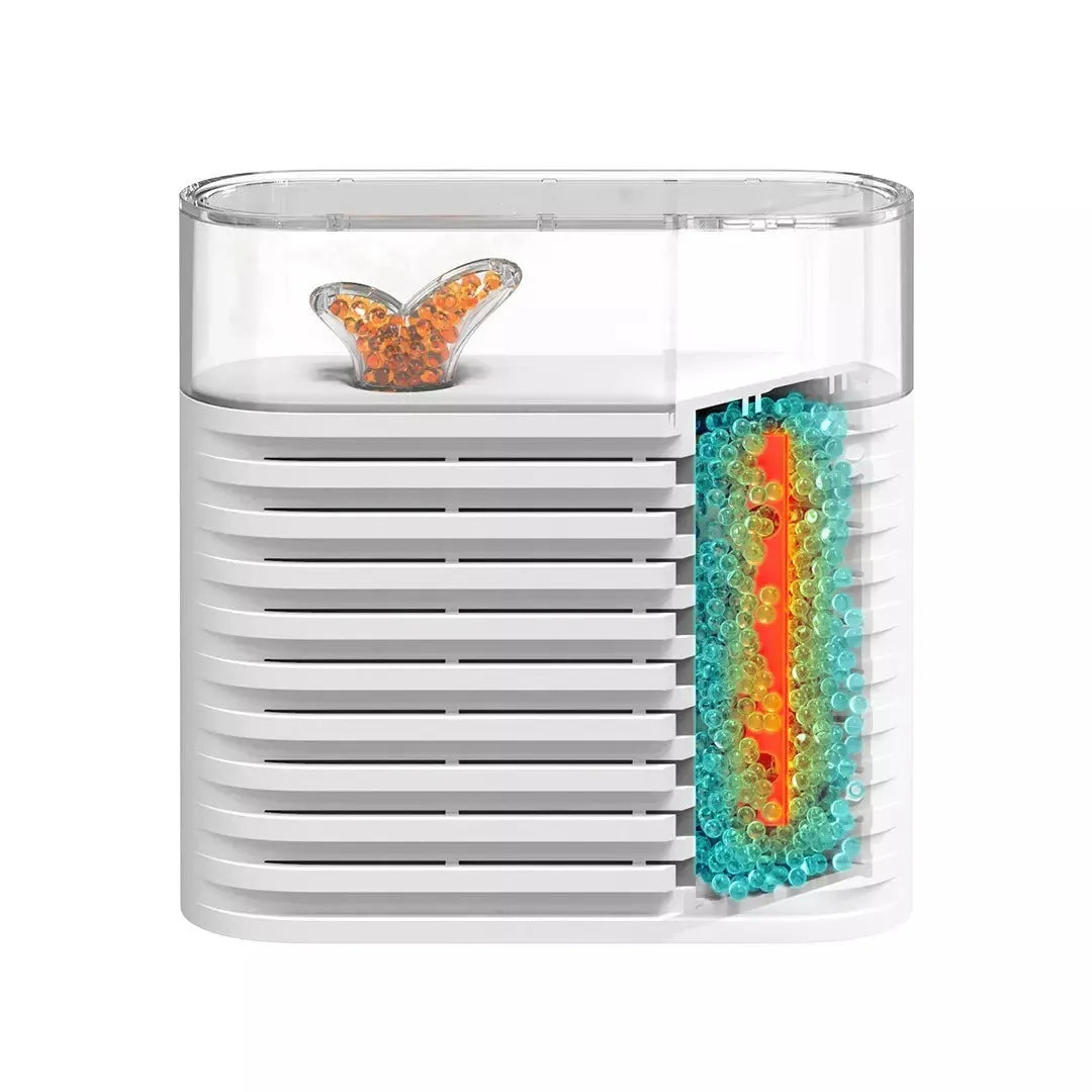 White recyclable cabinet dehumidification box with transparent geometric top cover showing colour-changing silica gel inside.