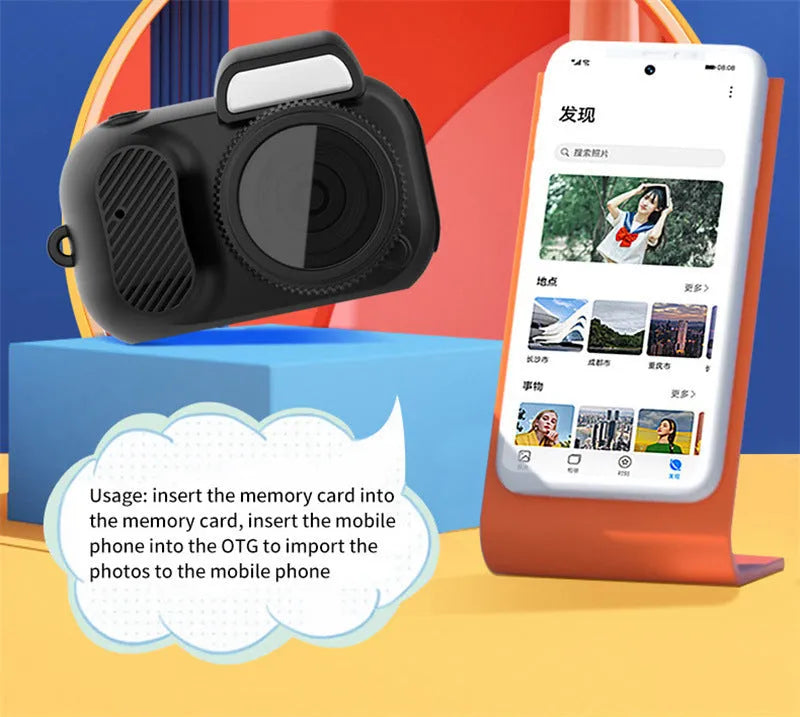 Black retro mini video camera with built-in screen showing 1080p HD recording