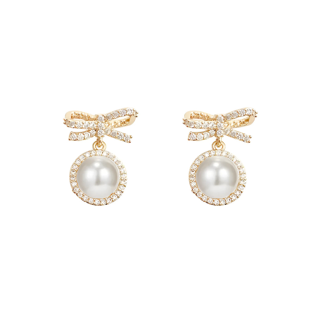 Bow pearl simple micro stud earrings white copper electroplated bowknot gemstone stud earrings
