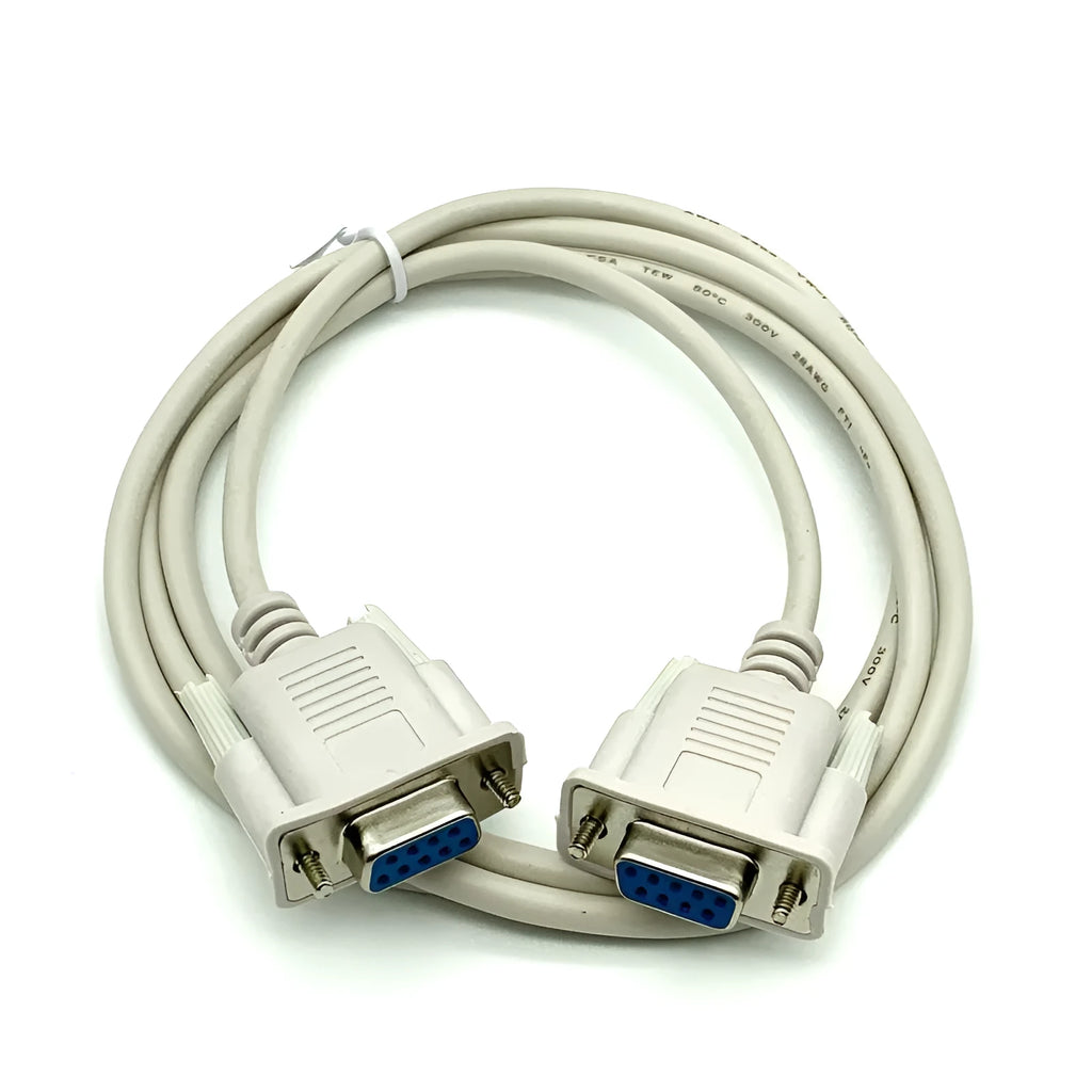 RS232 female to female cross-over serial cable with DB9 connectors, 1.5 metres long, milky white