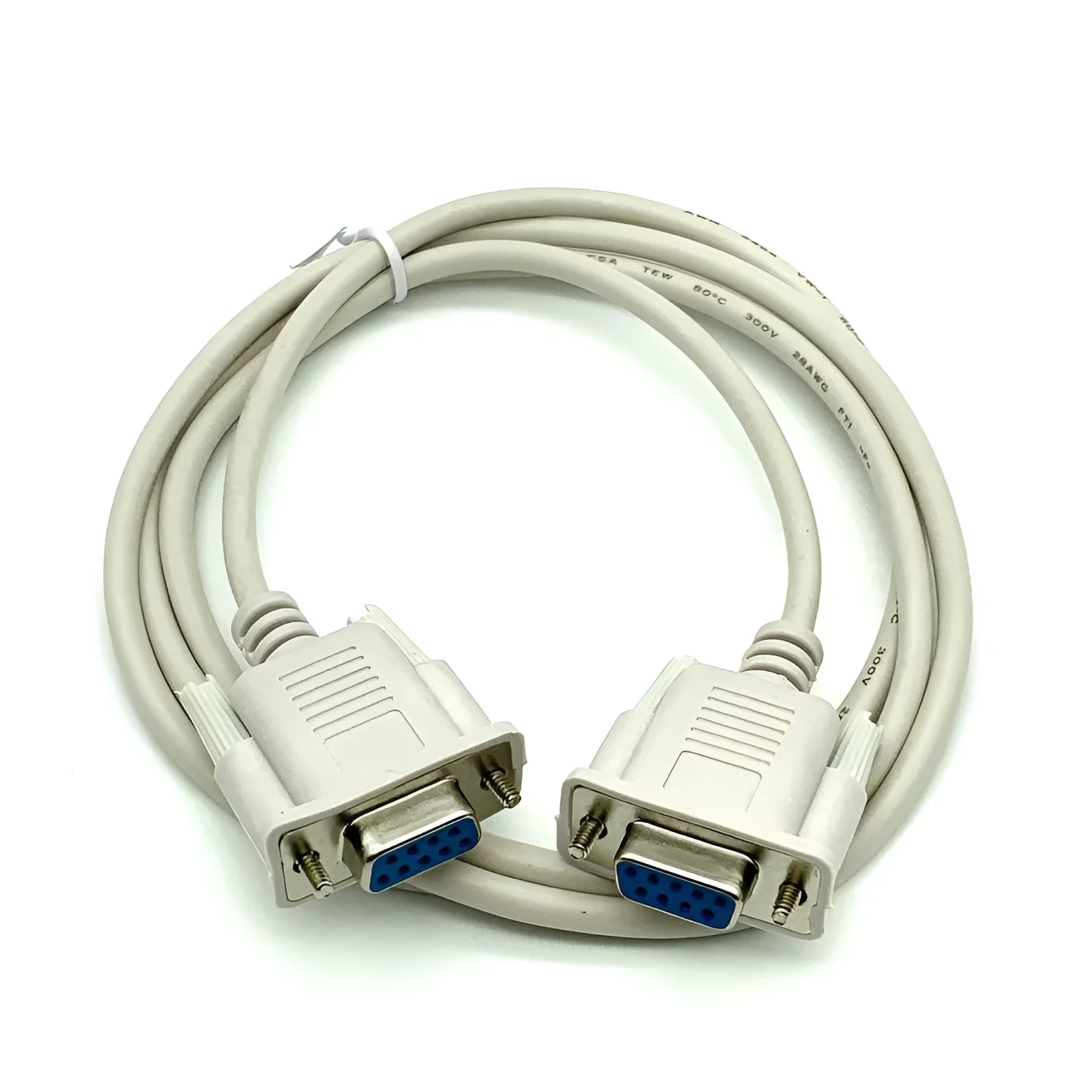 RS232 female to female cross-over serial cable with DB9 connectors, 1.5 metres long, milky white