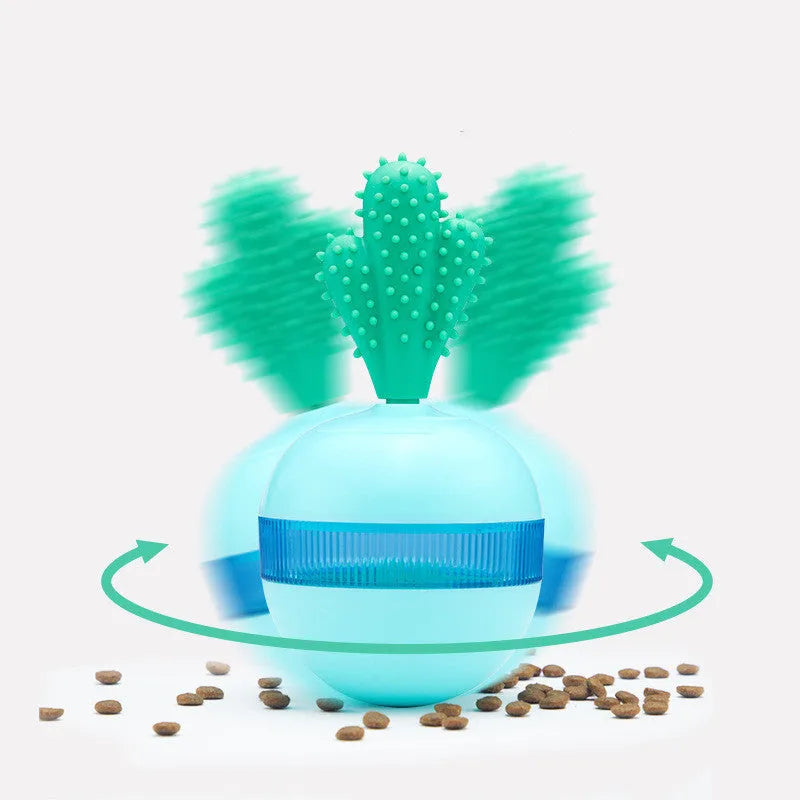 Blue pet leakage food ball toy on floor with kibble pieces nearby, measuring 8.8x8.5x16.5 cm