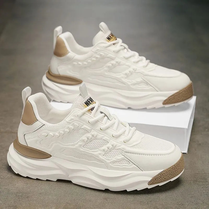 Men's white and black breathable mesh casual shoes with round toe and PU mesh upper