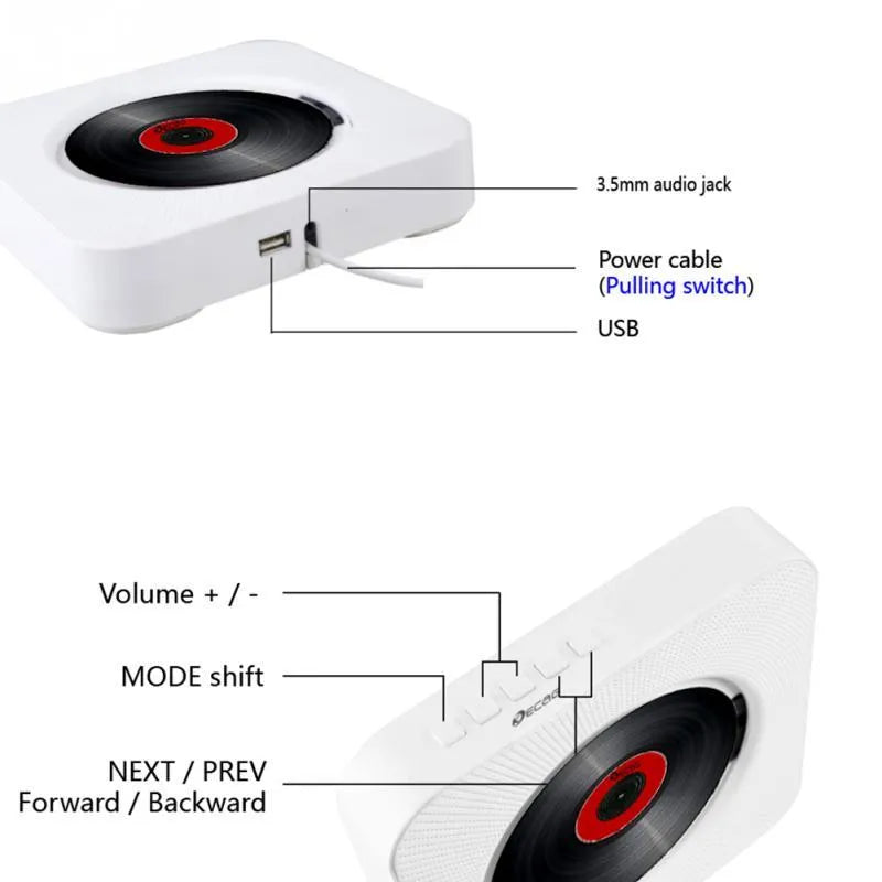 Compact portable CD player with Bluetooth and USB, 18.9cm square, ABS housing, remote control included