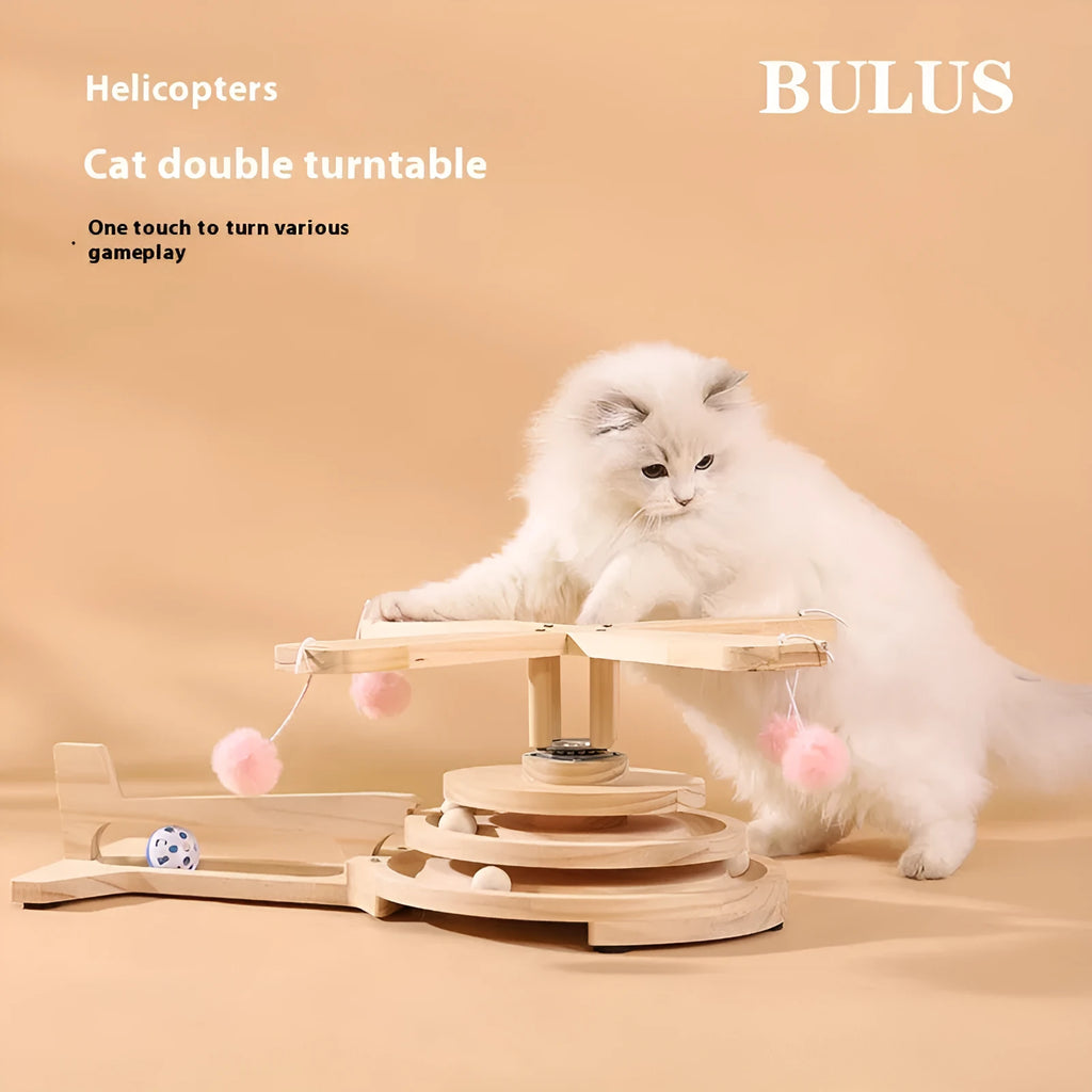 Solid wood cat scratching board toy with rotating turntable mechanism and felt mouse accessories