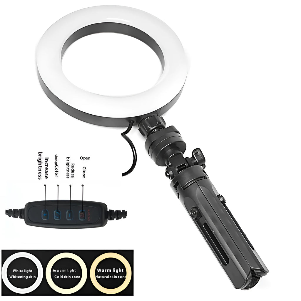 Black desktop mobile streaming bracket with adjustable colour fill light on tripod stand