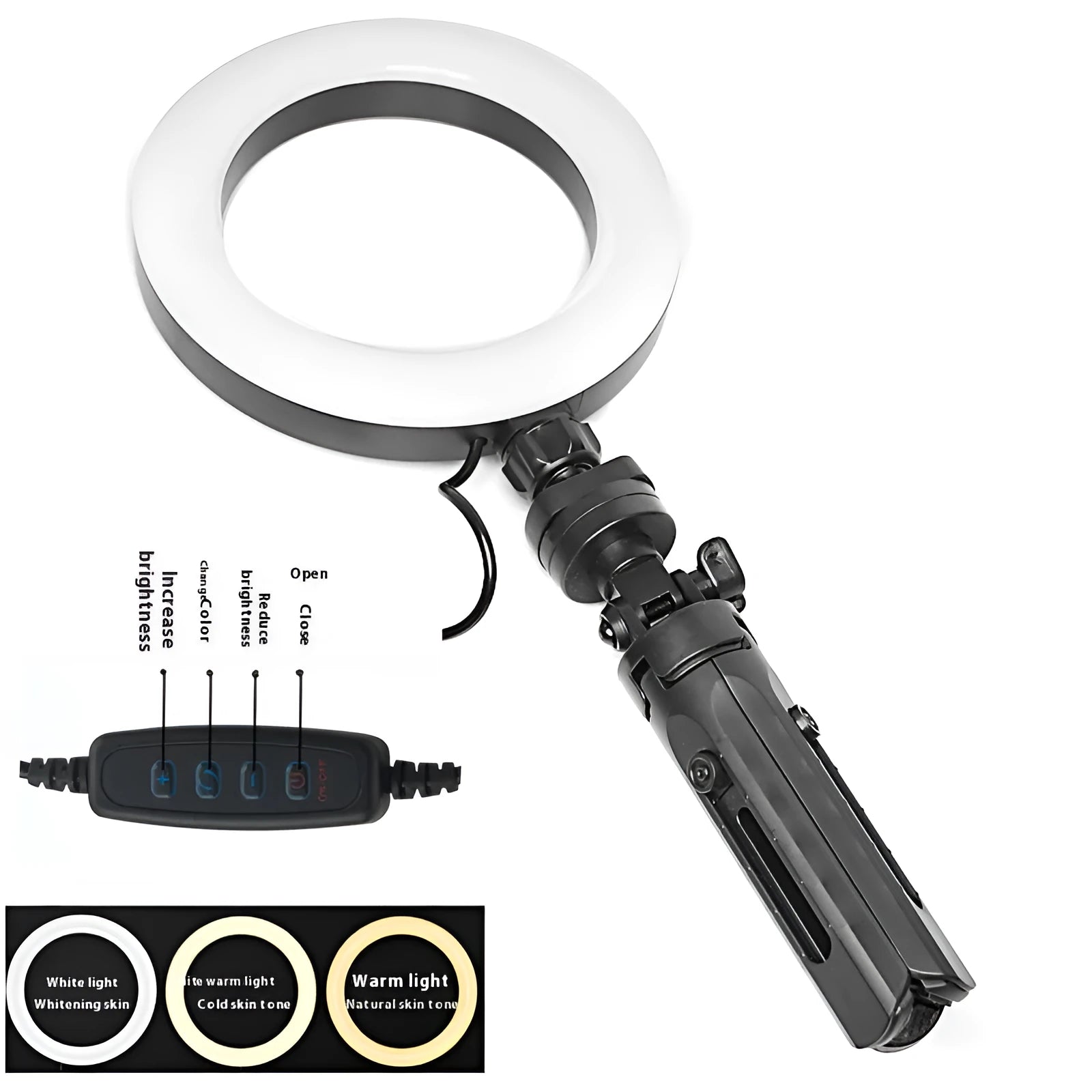 Black desktop mobile streaming bracket with adjustable colour fill light on tripod stand